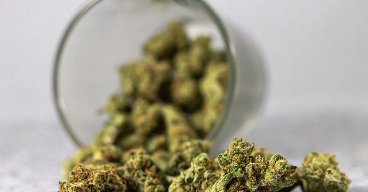 Detailed image of cannabis buds spilling from a glass jar, highlighting the green texture.