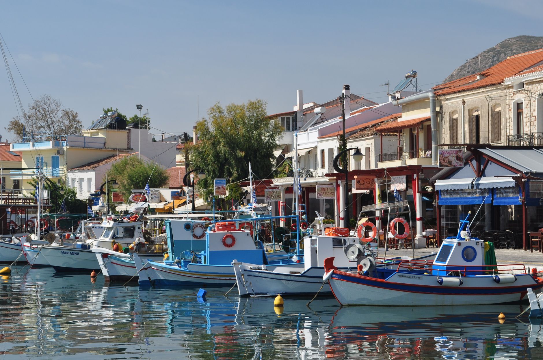 Fishing boats moored in the small harbour at Pythagoreio on Samos.
