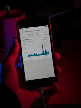 Close-up of a hand holding a smartphone displaying data graph in dim lighting.