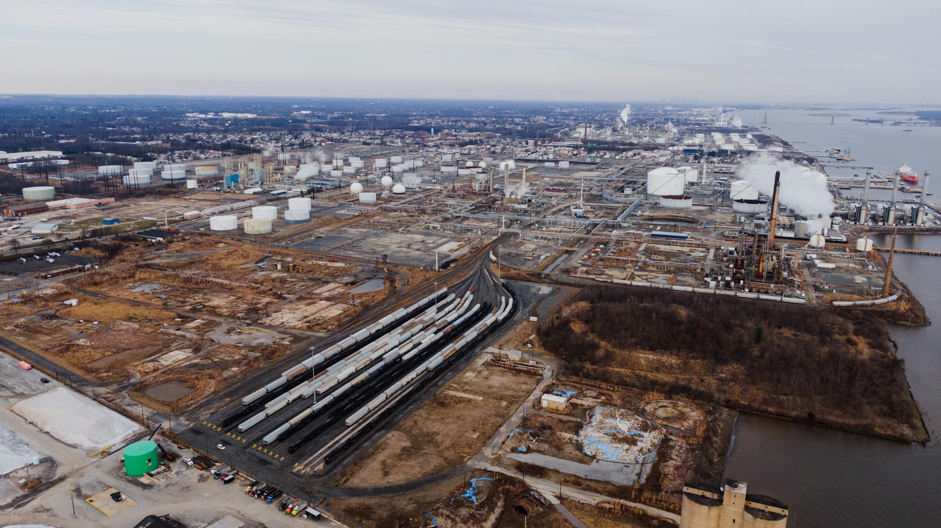 Industrial factories of city near river