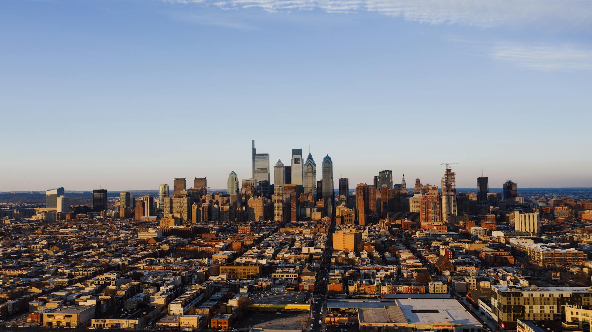 Stunning aerial view of the Philadelphia skyline during a bright and sunny day.