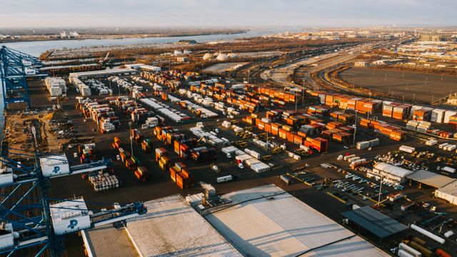 Aerial view of a container port and freight yard