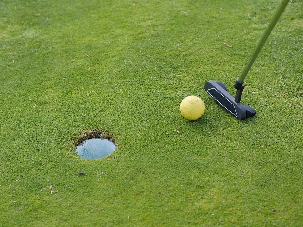 A Golf putter and Ball Near the Green Hole