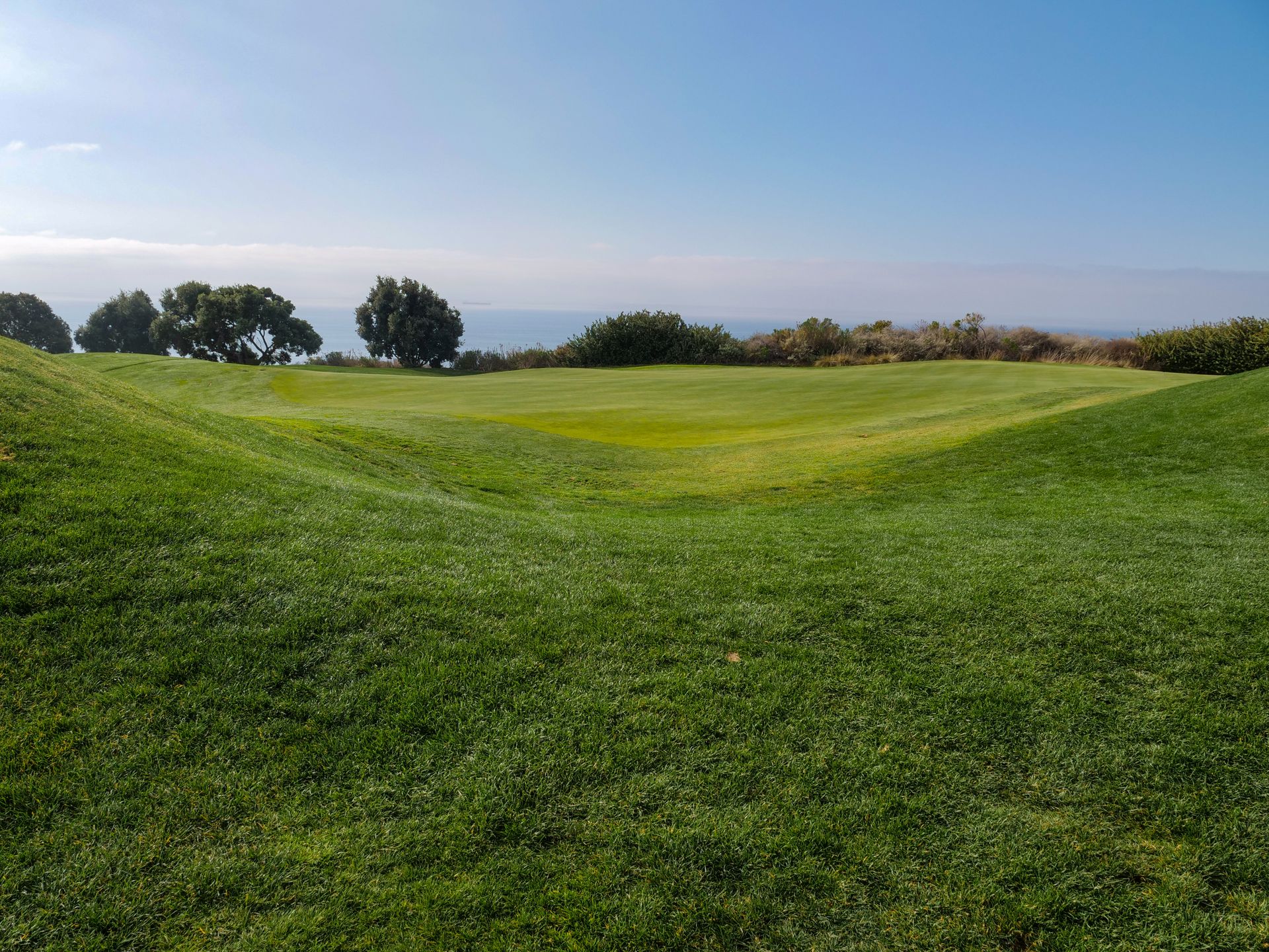 Tranquil view of a lush green golf course under a bright blue sky, perfect for nature enthusiasts.