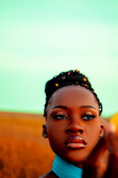 Stylish portrait of a woman with colorful makeup and unique hairstyle against nature.