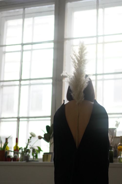 Free Back view of anonymous female in simple dress with gentle dry pampas grass on back Stock Photo