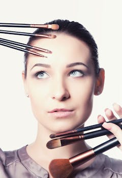 Portrait of a woman surrounded by makeup brushes, highlighting beauty techniques.