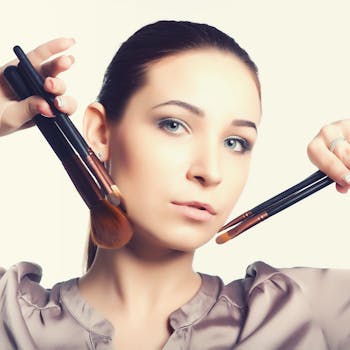 Elegant portrait of a woman with makeup brushes, showcasing beauty and professionalism.