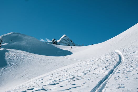 Skiers traverse a snowy mountain under a bright blue winter sky.