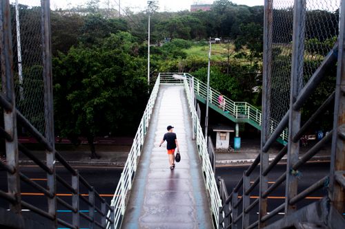 Free A man walks alone on an elevated footbridge surrounded by greenery and urban roads. Stock Photo