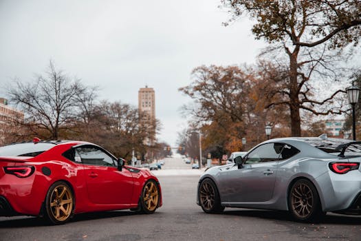 Two luxury sports cars parked on an urban street with trees and buildings in the background.