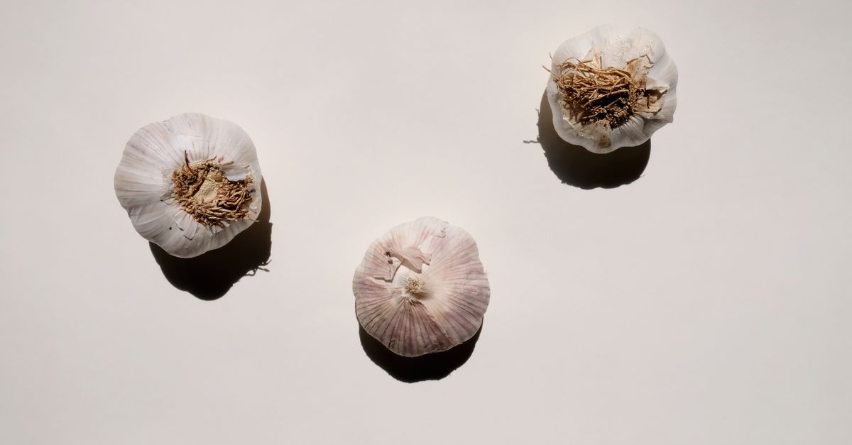 Artistic top view shot of three garlic bulbs against a light background, highlighting their textures. - Evidence evidence guide for Garlic Cholesterol Meta-analysis: What the Evidence Says