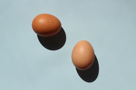Studio shot of two brown eggs casting shadows on a light blue background.