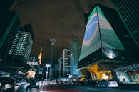 圣保罗的夜间城市景观充满活力，以现代摩天大楼和路灯为特色