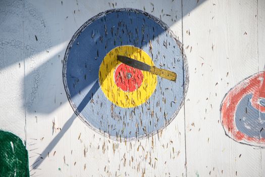 Close-up of a knife stuck in a painted bullseye on a wooden target board during daylight.