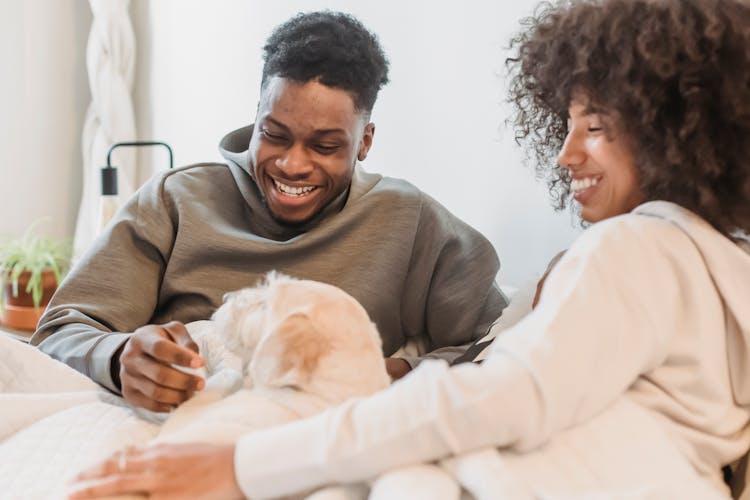 Happy Black Couple With Dog At Home