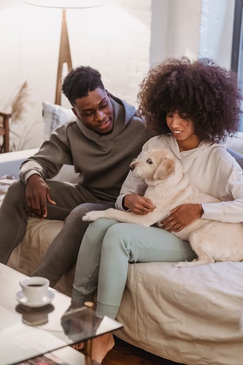 Happy African American couple with fluffy white dog resting on comfortable sofa at home