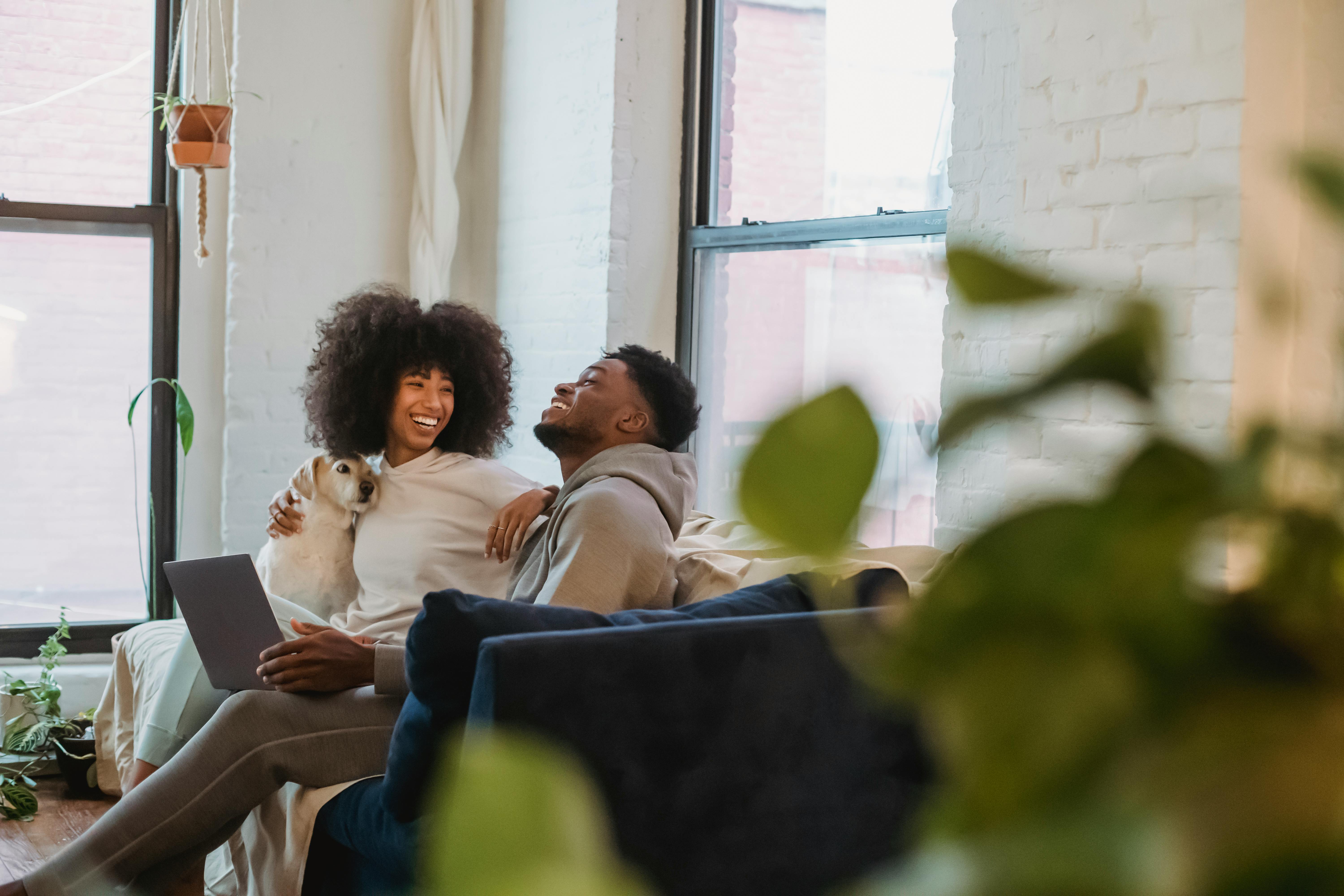 Cheerful African American female with curly hair in casual clothes embracing obedient dog and laughing with black boyfriend sitting on sofa and browsing laptop in light room in apartment