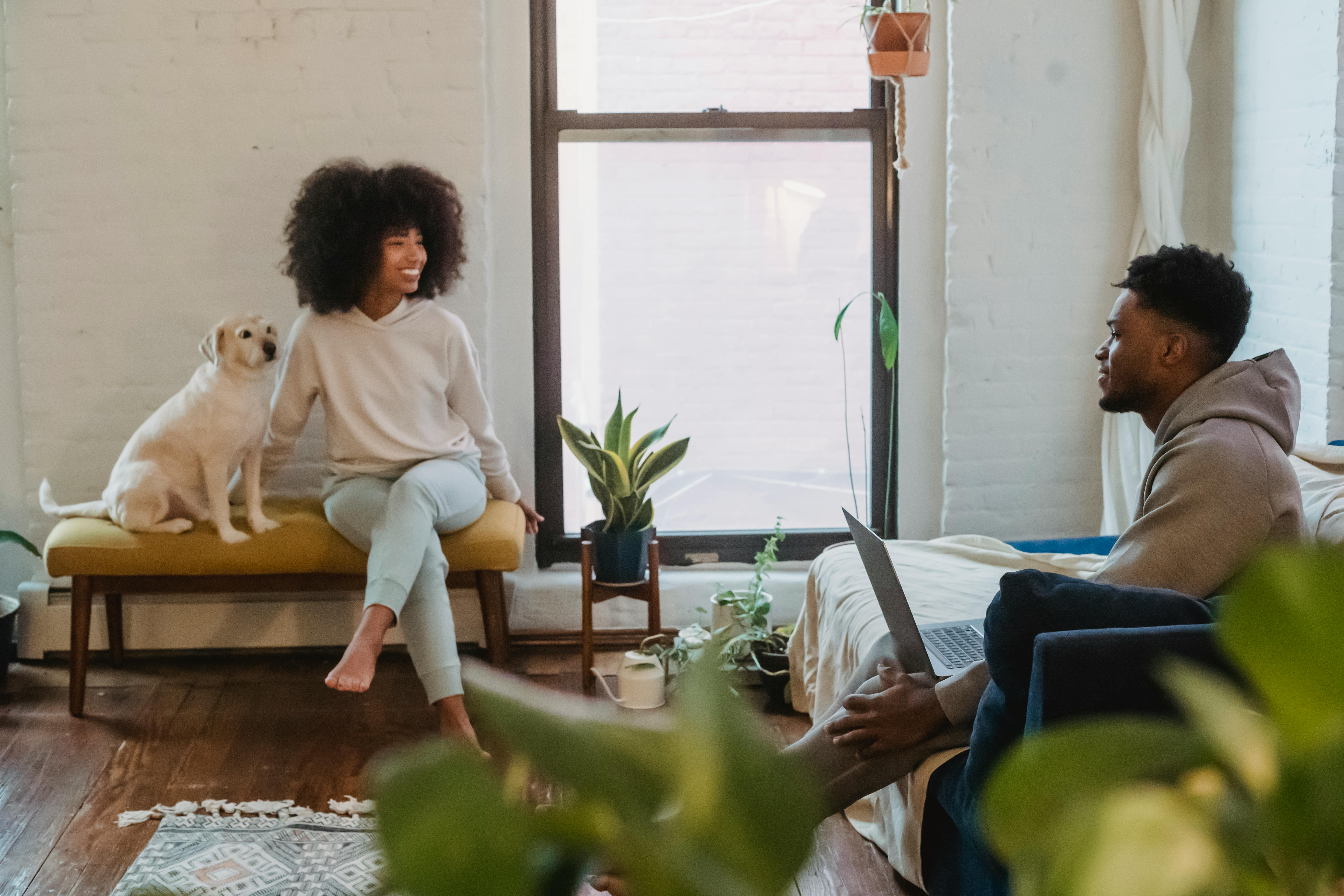 positive young black couple chatting while spending weekend together at home with cute dog