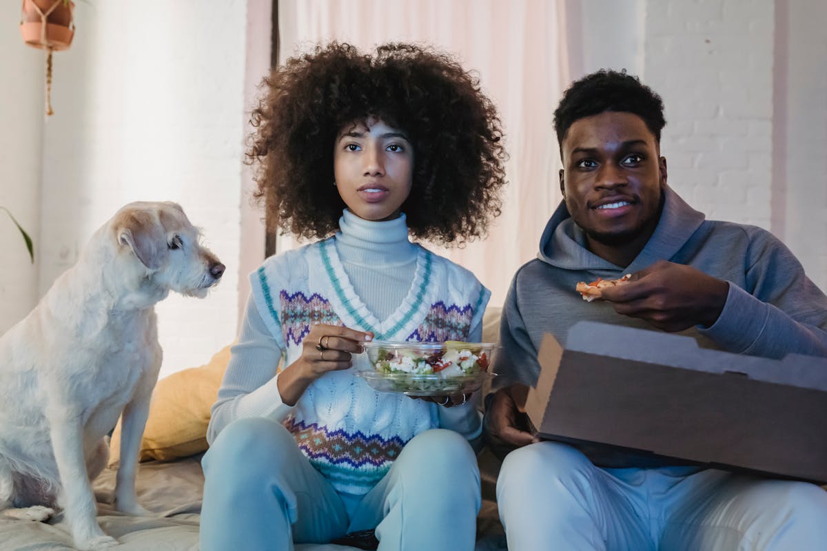 Concentrated young African American couple with curly hairs in casual outfits eating takeaway salad and pizza while watching TV sitting on sofa near cute purebred dog