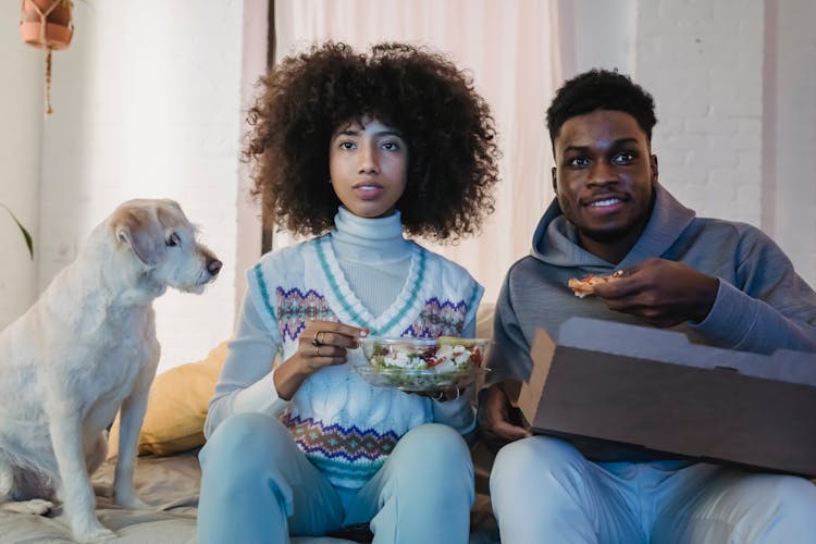 Focused Young Black Couple Having Lunch And Watching TV On Couch Near Curious Dog