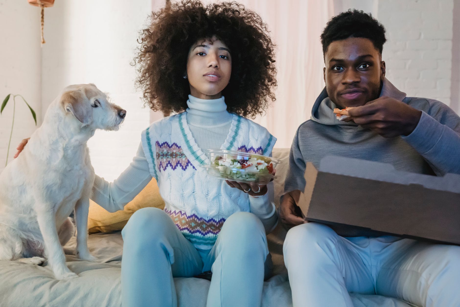 Young black female owner with bowl of salad stroking curious dog while resting on cozy sofa with boyfriend eating takeaway pizza and watching TV at home