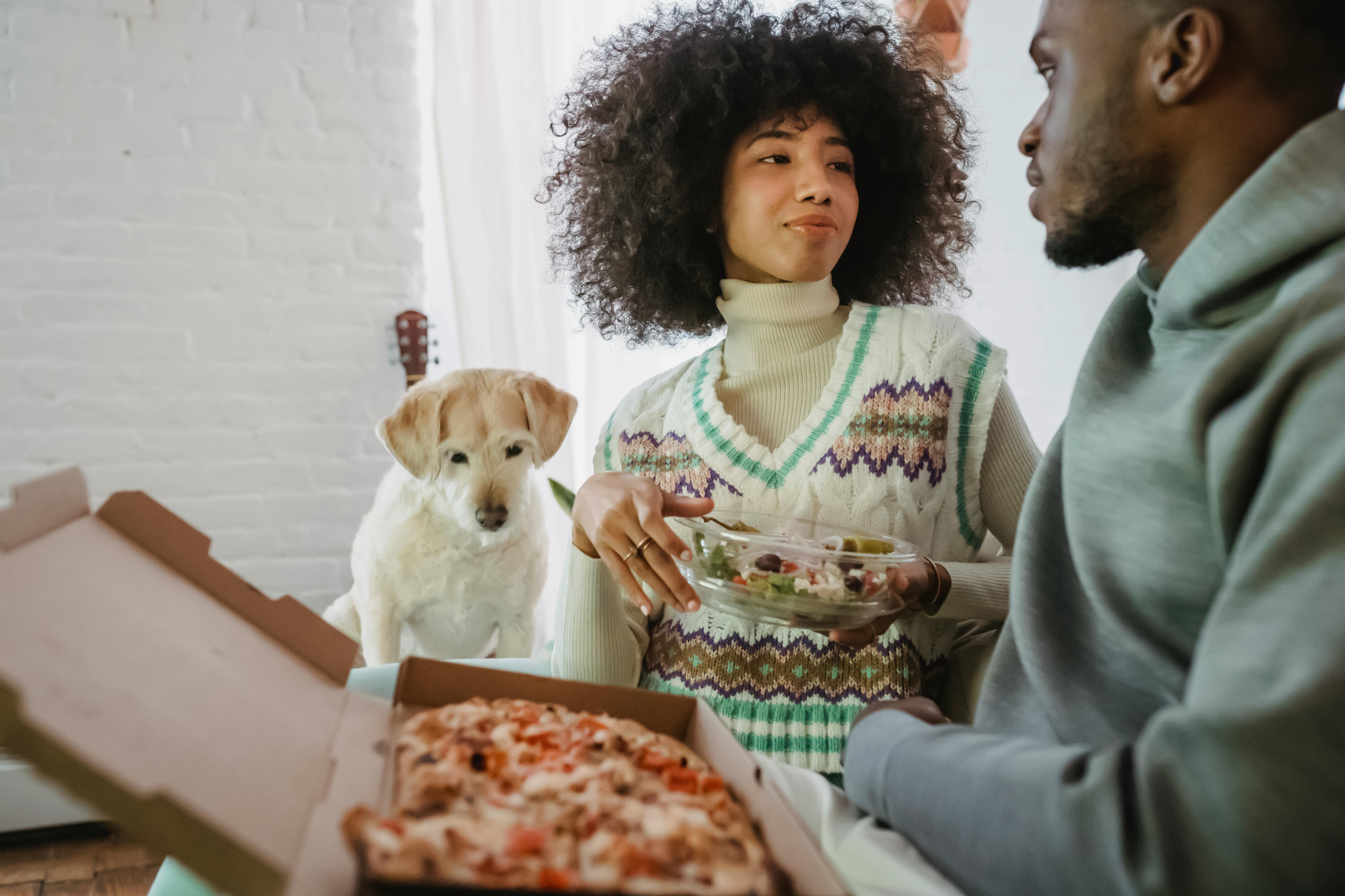 smiling black loving couple having lunch on sofa and communicating near cute dog