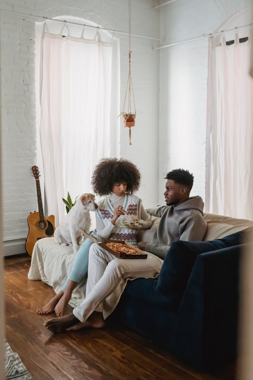 Free Full body of barefoot African American couple having snack with salad and pizza on sofa with adorable funny dog Stock Photo