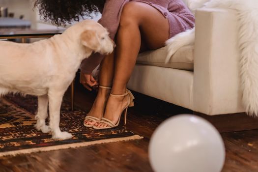 Black woman fastening heels while dog standing near on rug