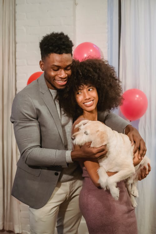 Free Cheerful African American couple in casual clothes embracing and stroking adorable dog while standing in decorated room Stock Photo