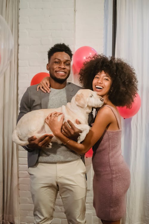 Cheerful African American couple in elegant clothes standing with dog in hands smiling and looking at camera