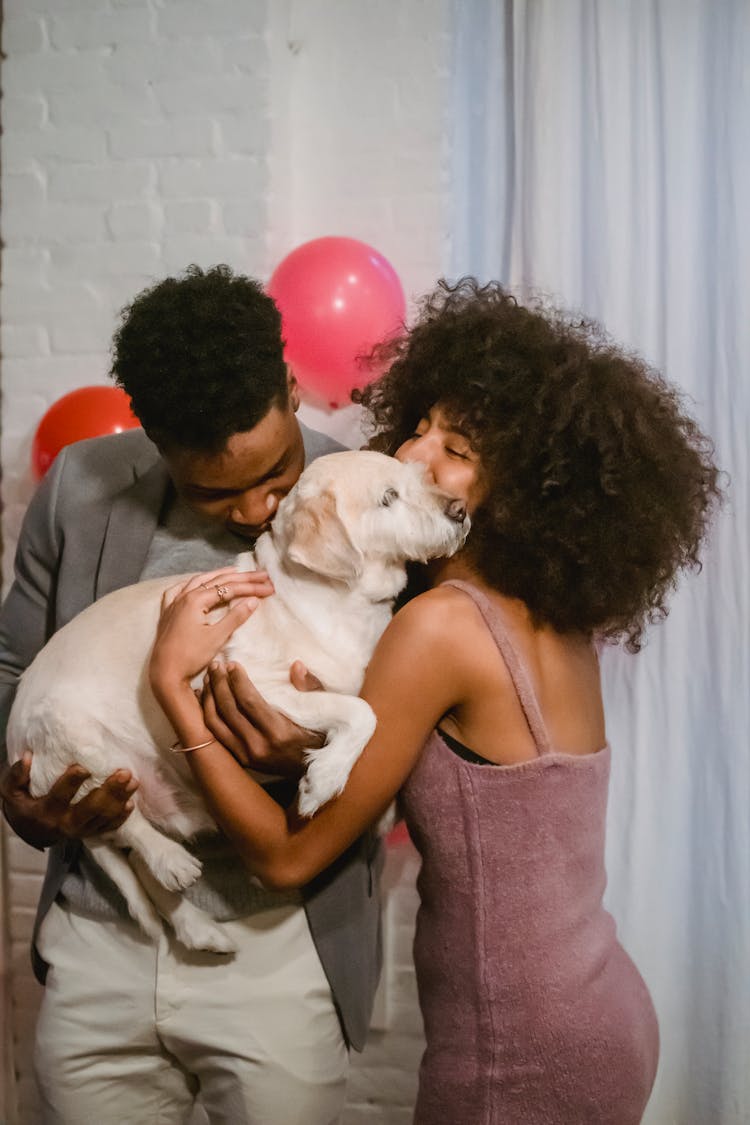 Black Couple Kissing Dog At Home