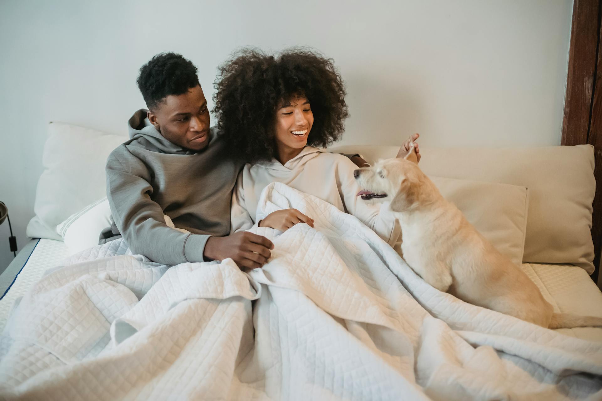 Smiling young black couple petting curious dog on bed