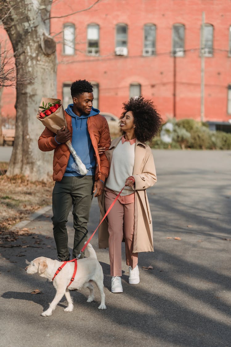 Loving Black Couple Walking On Sidewalk With Dog