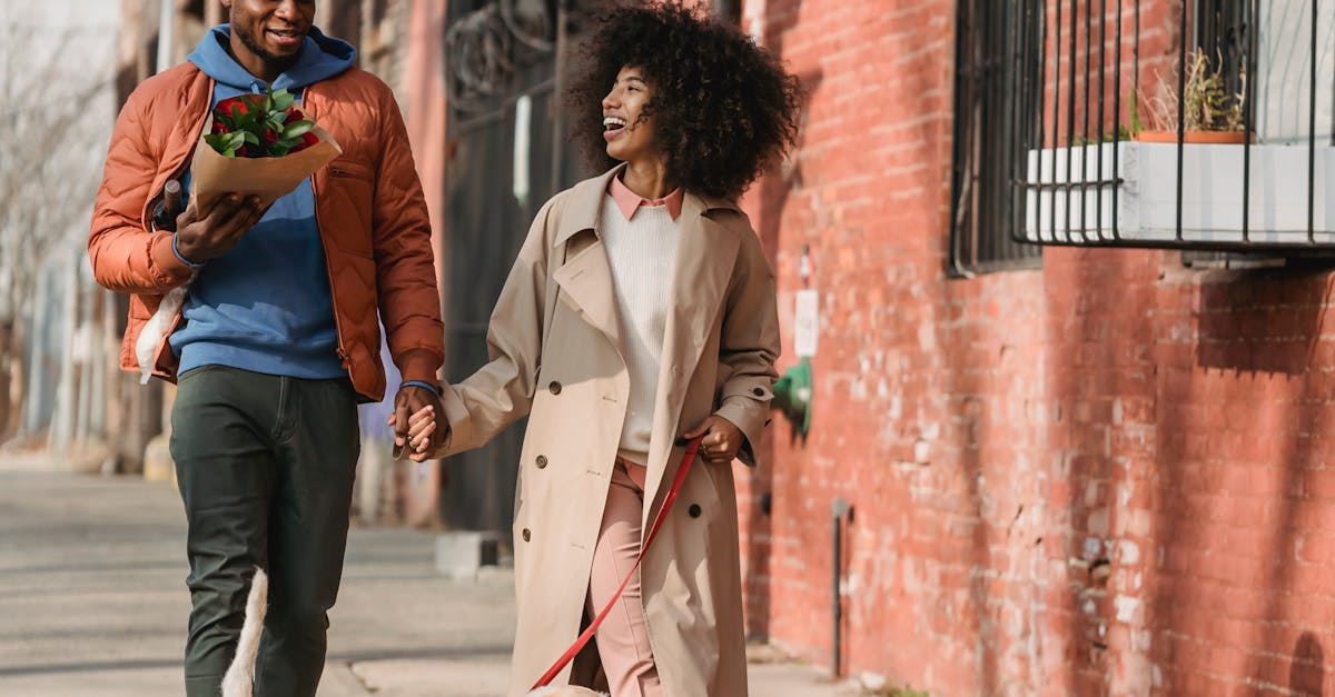 Full body of positive African American couple strolling on paved walkway with dog on leash on sunny street during date