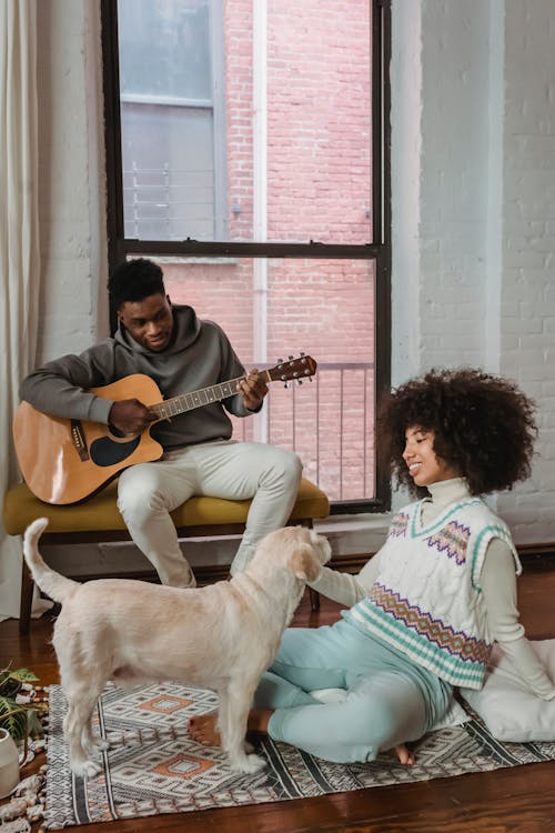 Talented black boyfriend playing song on guitar near African American girlfriend stroking dog while spending time together in light room