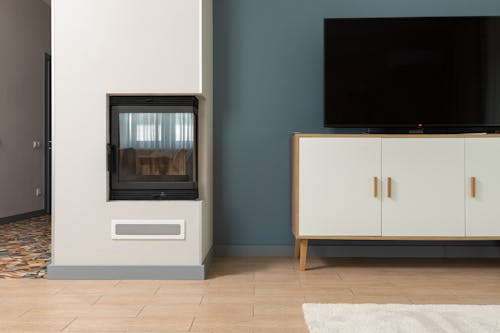 Interior of living room with fireplace