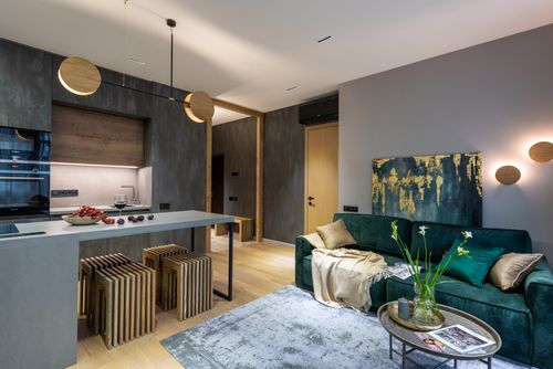 Free Luxurious open concept living room and kitchen interior with modern decor and cozy ambiance. Stock Photo
