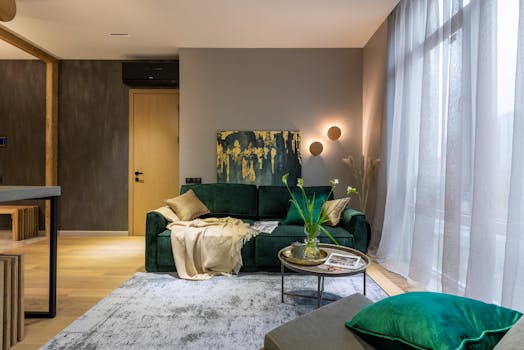 Stylishly designed living room with luxurious elements and modern decor.