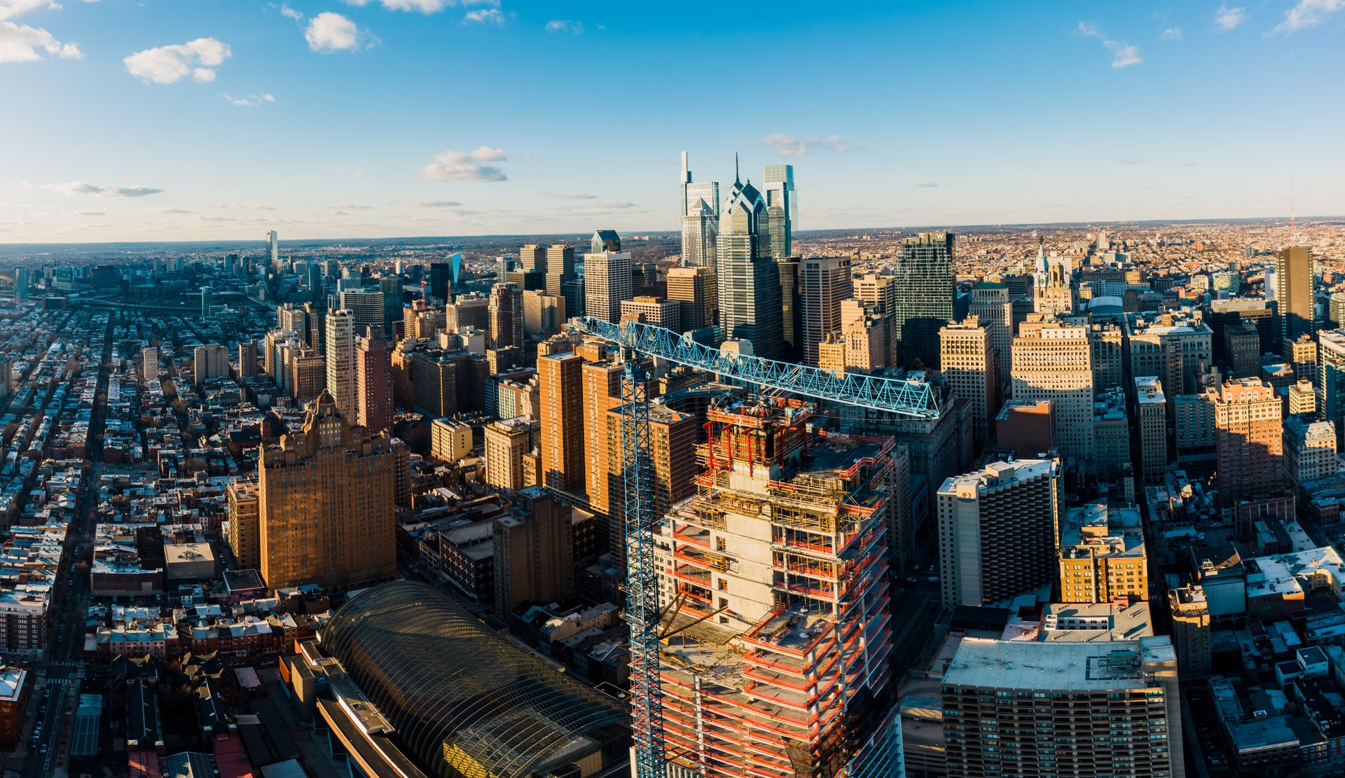 Golden-hour aerial view of Center City Philadelphia
