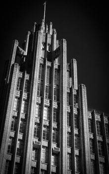 Stunning black and white photo of the iconic Manchester Unity Building in Melbourne showcasing its Art Deco architecture.. pe