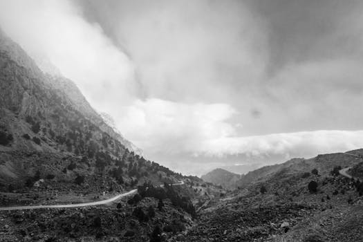 Scenic view of a misty mountain valley road in black and white.