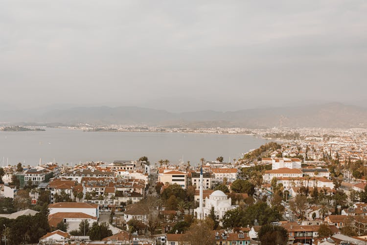 An Aerial Shot Of A Coastal City