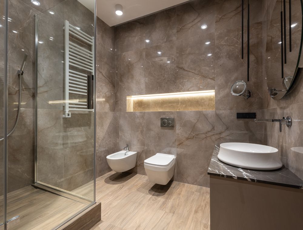 Large format porcelain bathroom flooring installation