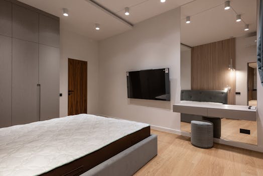 Comfortable bed and wardrobe in modern bedroom placed in front of TV hanging on wall near dressing table with big mirror
