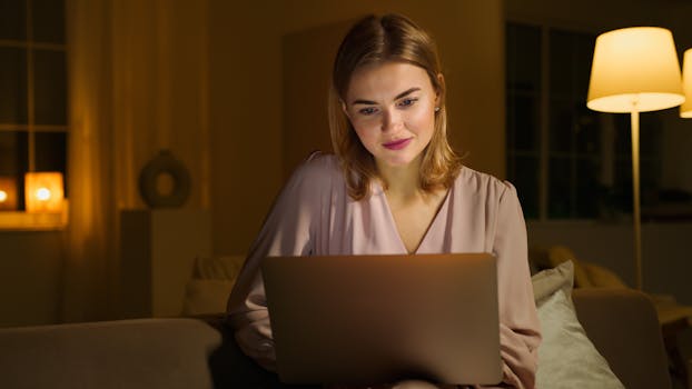 A woman enjoys browsing on her laptop in a cozy and comfortable living room.