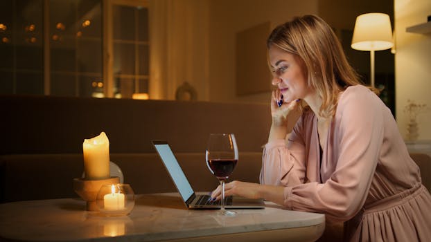 A woman enjoys a glass of wine while using a laptop in a cozy, candle-lit setting.