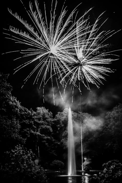 Black and White Shot of Fireworks and Fountain at Night