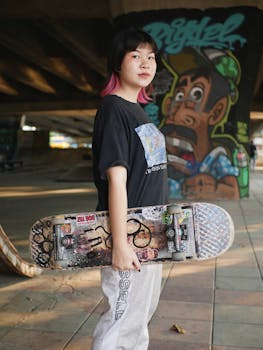 Asian woman with pink hair holding a skateboard in a graffiti-decorated skate park, wearing streetwear.