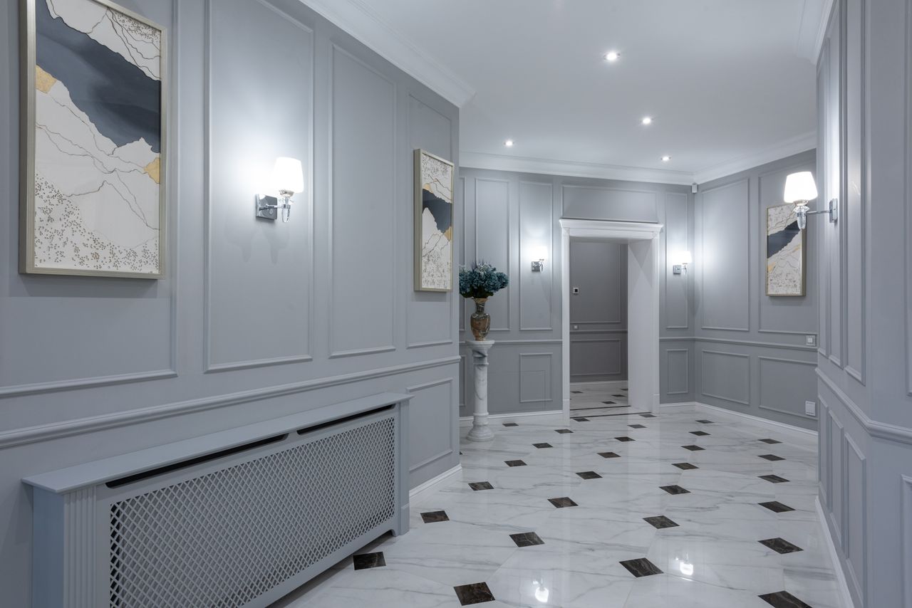 interior of corridor of contemporary villa with shiny tiled floor and